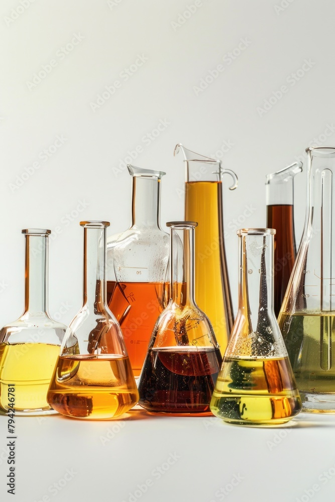 Poster glass flasks filled with vibrant colored liquids. perfect for science or laboratory concepts