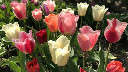 Vibrant assortment of tulips in shades of pink white and wine red under the sunlight