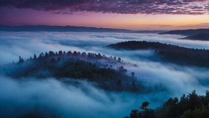 Enchanted Fog, Mystical Clouds of Blue and Purple Cascading in an Otherworldly Sky.