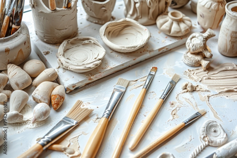 Poster a collection of diverse pottery items displayed on a table. ideal for showcasing pottery craftsmansh