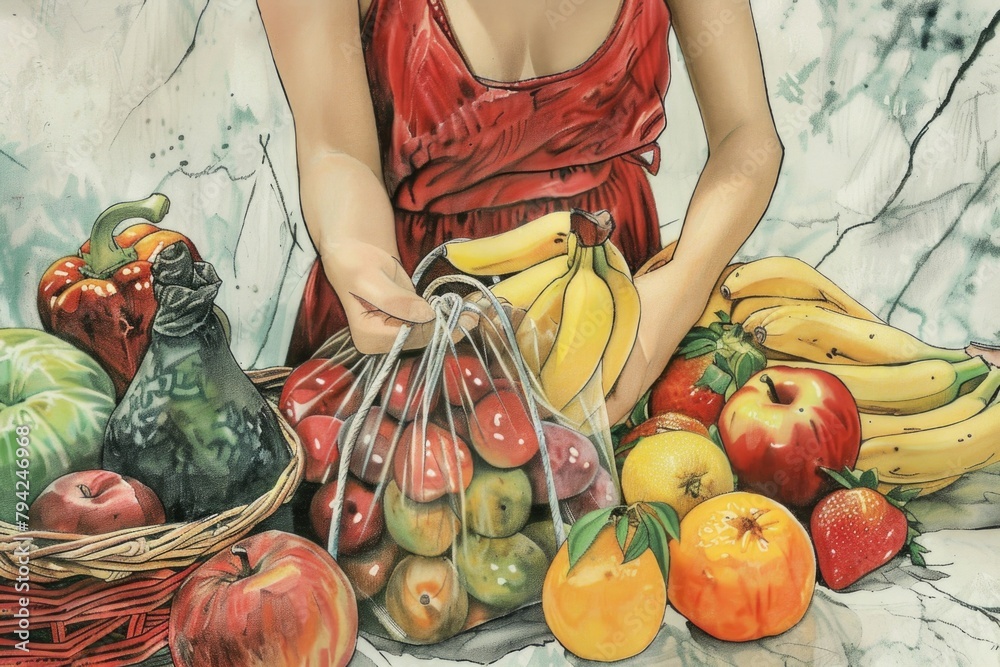 Sticker A painting of a woman holding a bag of fruit. Suitable for food and nutrition concepts