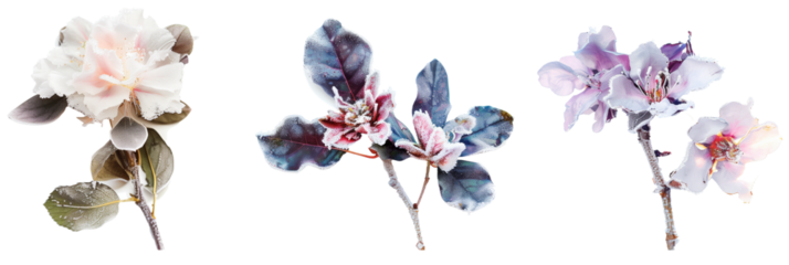 set of displays of frost-covered flowers, each with icy leaves glistening under light, isolated on transparent background