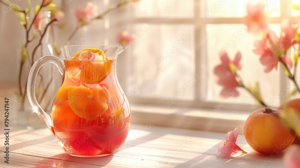Poster a pitcher filled with fruit on a table, ideal for food and beverage concepts