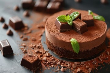 Delicious chocolate cake with fresh mint leaves, perfect for dessert menus