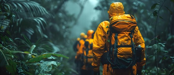 Rescue team searching tropical forest for missing person and assisting injured. Concept Search and Rescue Operations, Tropical Forest Terrain, Missing Person, First Aid Assistance