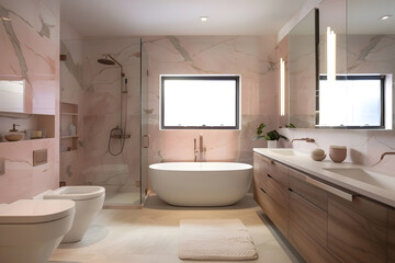 Contemporary modern bathroom interior in pink colors, concrete and marble elements.