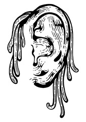 Spaghetti noodle pasta on human ear sketch engraving PNG illustration. Scratch board style imitation. Black and white hand drawn image.