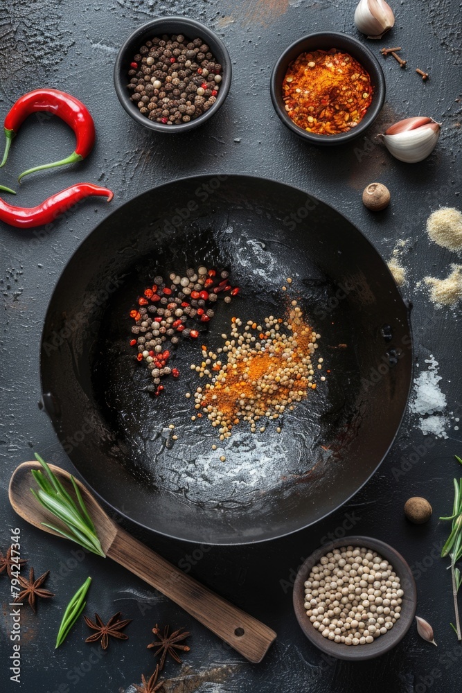 Aufkleber A variety of spices arranged in a frying pan. Great for culinary concepts