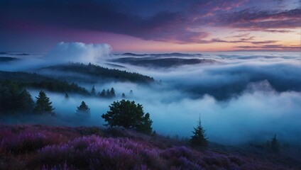 Enchanted Fog, Mystical Clouds of Blue and Purple Cascading in an Otherworldly Sky.