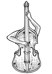 Double bass violin alto cello string instrument plays on itself sketch engraving PNG illustration. Scratch board style imitation. Black and white hand drawn image. © Oleksandr Pokusai