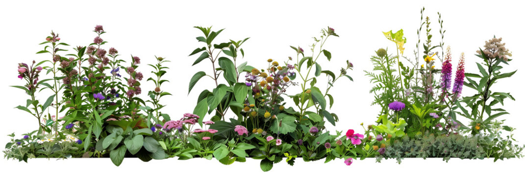 Herbaceous borders featuring a mix of perennials and biennials, each with coordinating flowers and leaves, isolated on transparent background
