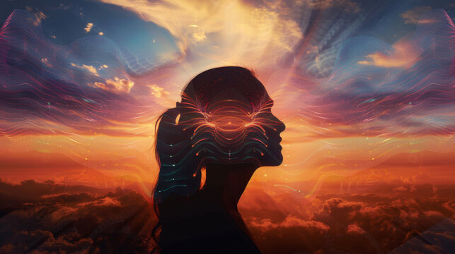 A woman is standing on a beach with a sunset in the background. The image is a representation of the idea of inner peace and tranquility.