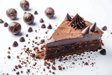 A piece of chocolate cake on a white plate, suitable for food-related designs