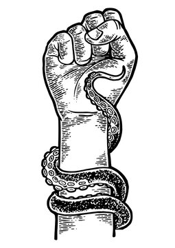 recommend clip art: Octopus tentacle wrapped around human arm sketch engraving PNG illustration. Scratch board style imitation. Black and white hand drawn image.