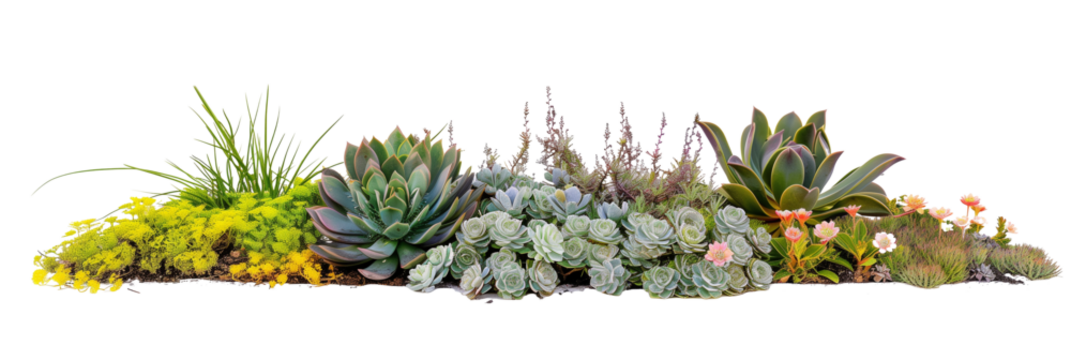 Sustainable flowers bed featuring drought-resistant plants, blending sedums and succulents with native grasses, isolated on transparent background