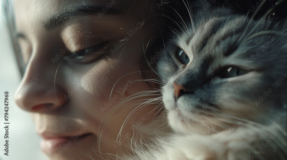 Poster Close up of a person holding a cat, suitable for pet lovers