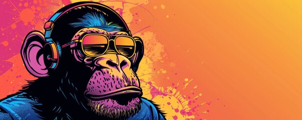 Cool monkey with headphones on vibrant background - obrazy, fototapety, plakaty