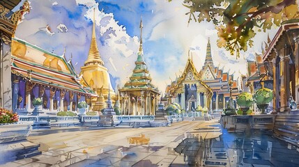 Watercolor style. Wat Phra Kaew, Emerald Buddha temple, Wat Phra Kaew is one of Bangkok's most famous tourist sites in Thailand