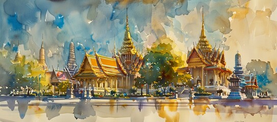 Watercolor style. Wat Phra Kaew, Emerald Buddha temple, Wat Phra Kaew is one of Bangkok's most famous tourist sites in Thailand - obrazy, fototapety, plakaty