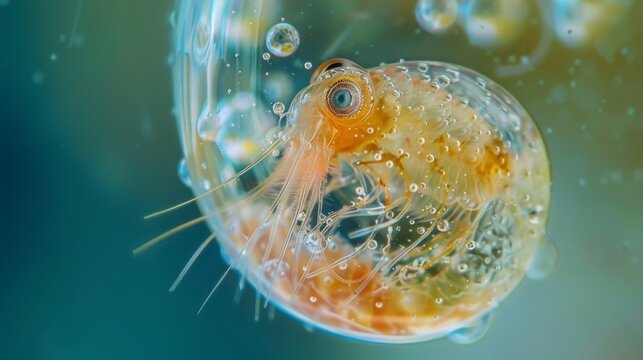 A stunning image of a tiny water flea or Daphnia captured in a drop of pond water highlighting its intricate internal anatomy and