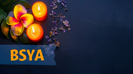 A blue background with candles and flowers. The word BSYA is written in orange letters