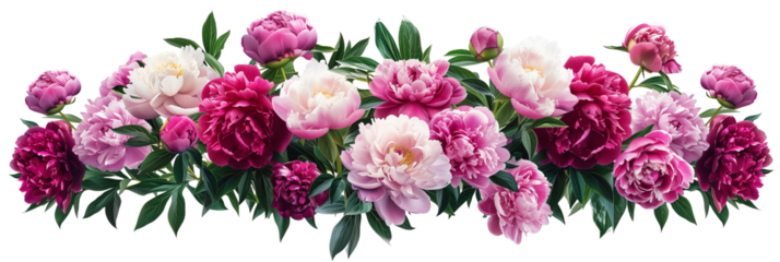 Peony bush showcasing a lush display of large, fragrant blooms ranging from soft pinks to deep reds, isolated on transparent background