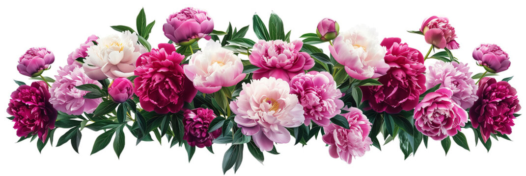 Peony bush showcasing a lush display of large, fragrant blooms ranging from soft pinks to deep reds, isolated on transparent background