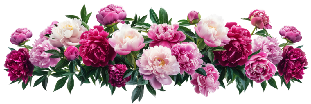 Peony bush showcasing a lush display of large, fragrant blooms ranging from soft pinks to deep reds, isolated on transparent background