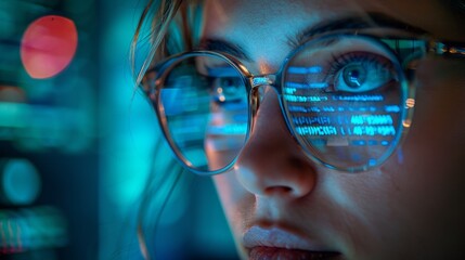 Futuristic woman with digital code reflection in glasses