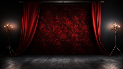 Red velvet curtains open to reveal a red patterned background. There are two candle stands on each side of the stage. - obrazy, fototapety, plakaty