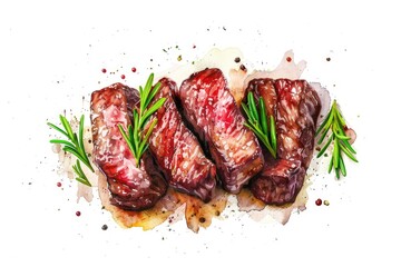 A group of steaks served on a plate with fresh rosemary sprigs. Ideal for food and restaurant concepts