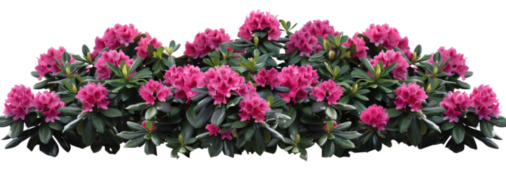Rhododendron bush showcasing vibrant pink blooms against dark green foliage, a staple in ornamental gardens, isolated on transparent background