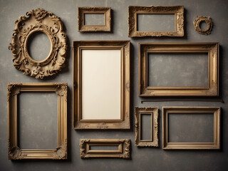 Assorted Baroque Vintage Frames Against A Wall. A collection of empty vintage picture frames against a textured wall, presenting a variety of sizes and ornate