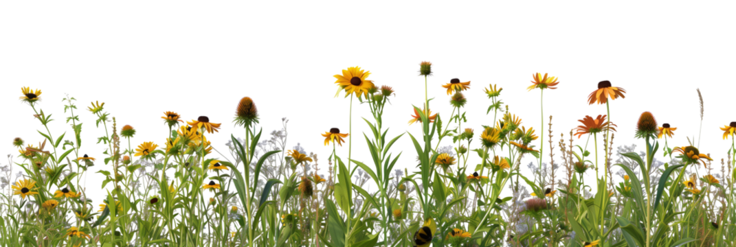 Native prairie bed mixed with grasses and wildflowers like coneflowers and black-eyed Susans, promoting biodiversity, isolated on transparent background