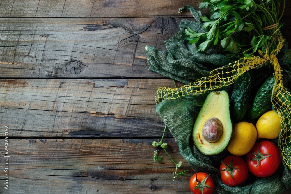 Aufkleber a variety of colorful fruits and vegetables displayed on a rustic wooden table. ideal for healthy ea
