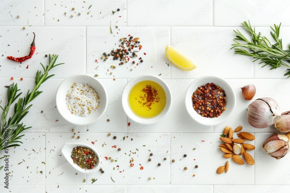 Poster various types of food displayed on a table, suitable for food and nutrition concepts