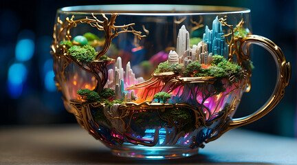A fascinating digital artwork of a magical forest cityscape blended within a luxurious golden tea cup