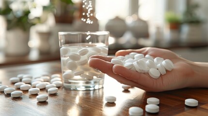   A person tightly gripping a handful of pills next to a glass of water - obrazy, fototapety, plakaty