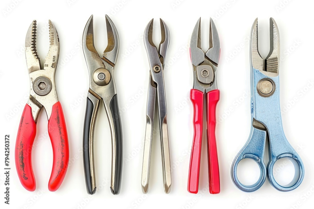 Poster five pairs of pliers lined up on a white surface. suitable for industrial tool concepts