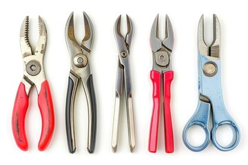 Five pairs of pliers lined up on a white surface. Suitable for industrial tool concepts