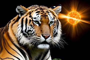 Naklejka premium Bengal tiger with mustache lies in the jungle and looks at the camera.