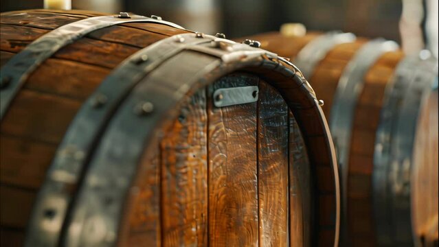 Closeup wine whiskey Barrel. 4k video