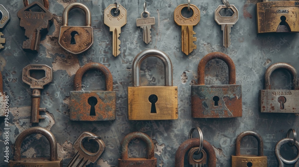 Poster Collection of different locks and keys on a wall. Suitable for security concepts