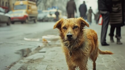 Stray Dog in Pain on Busy Street - obrazy, fototapety, plakaty