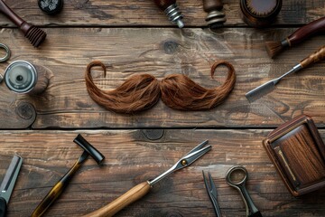 A collection of tools and a moustache on a wooden table, ideal for DIY or crafts projects