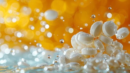   White bubbles float atop a blue-yellow body of water against an orange-yellow backdrop