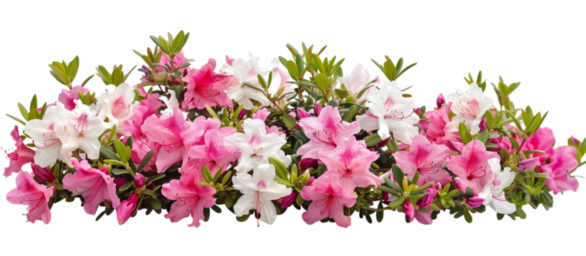 Close-up of a vibrant azalea bush, full of pink and white blossoms, signaling the start of spring, isolated on transparent background