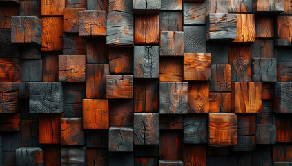 A wall of wooden blocks arranged in an artistic pattern. Created with Ai