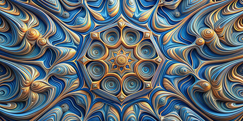 A multitude of swirling blue and bronze patterns create a mesmerising and symmetrical pattern that draws the eye towards the central star-like shape. A complex play of colours and curves.AI generated. - obrazy, fototapety, plakaty
