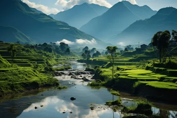 Rugzak Picturesque rice fields against the background of magical nature © sofiko14